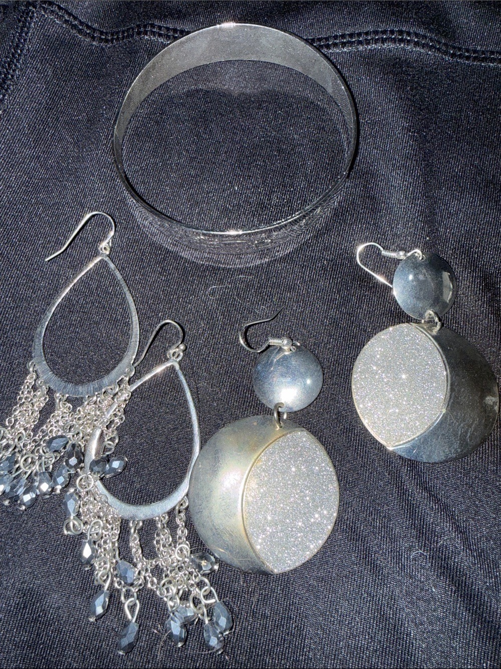 Silver-Tone Glitter Drop Earrings and Bangle Set - Women Jewelry